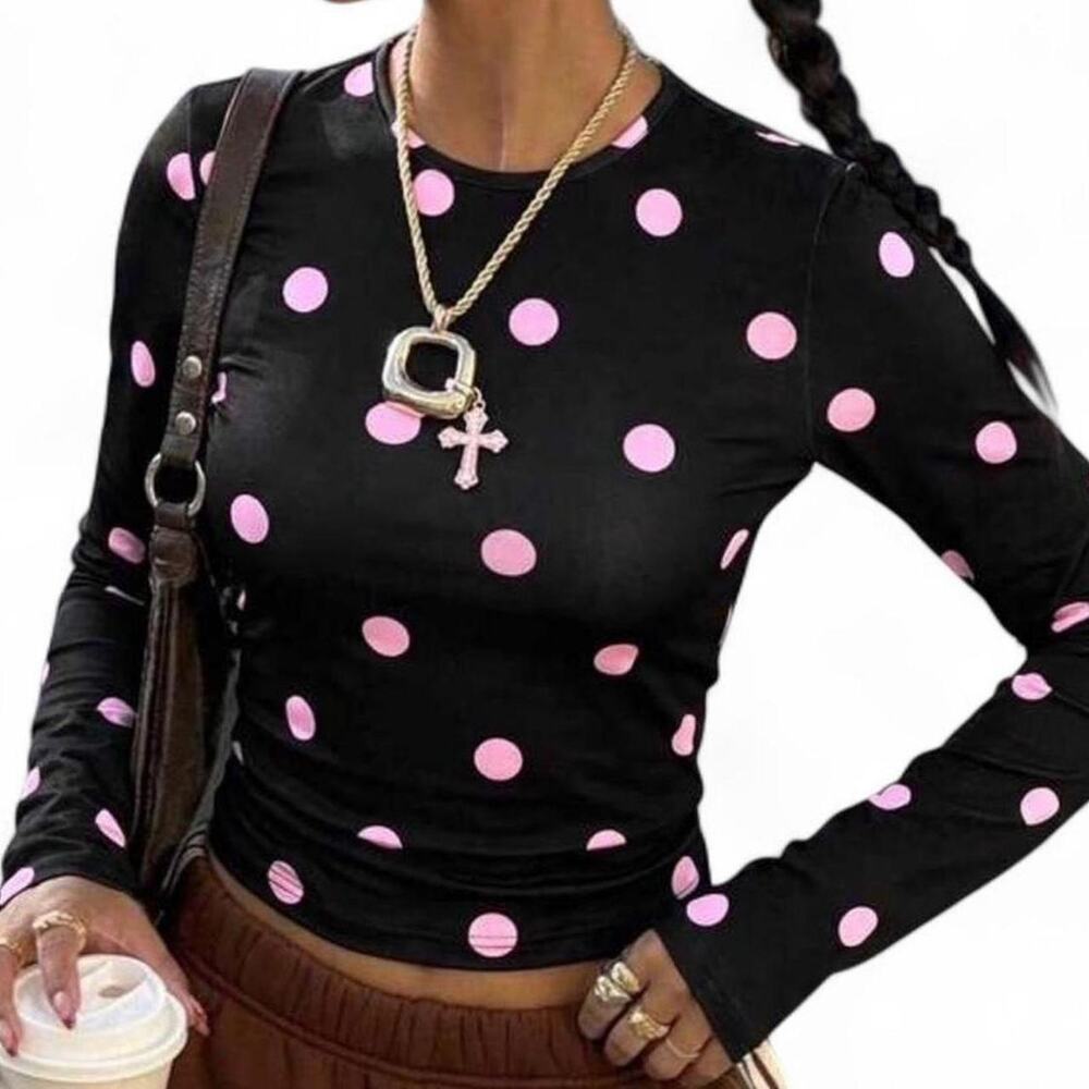 Black Pink Polka Dot Long Sleeve Top Y2K Basic Stretch Minimalist Women's Small